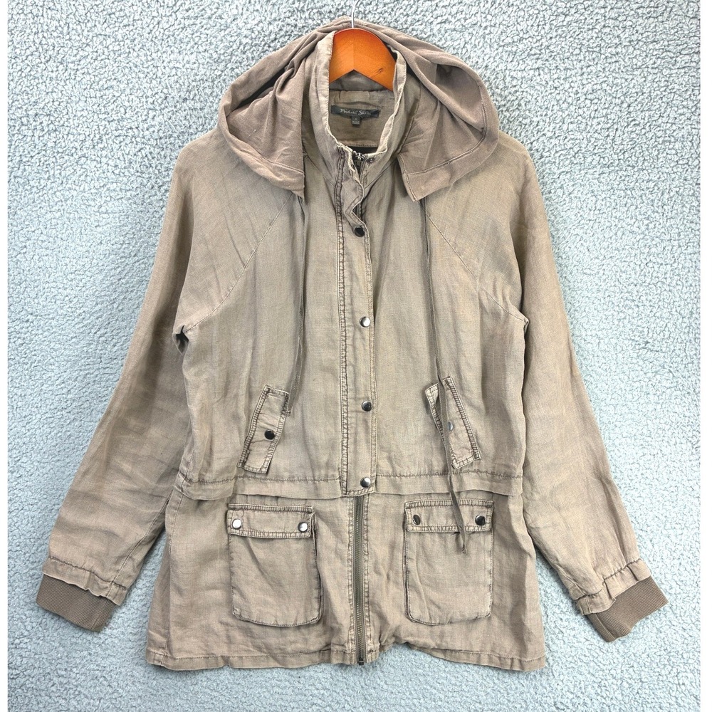 Michael Stars Linen Hooded Utility Jacket Womens M Brown Full Zip Cargo Casual